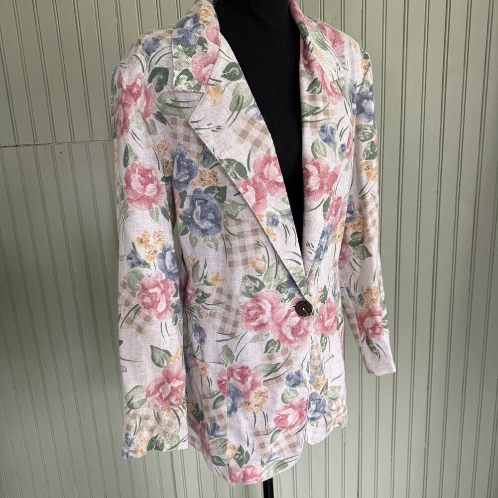 Vtg 80s 90s Shoulder Pad Blazer Linen Blend Flax Floral Jacket Women Large Tan